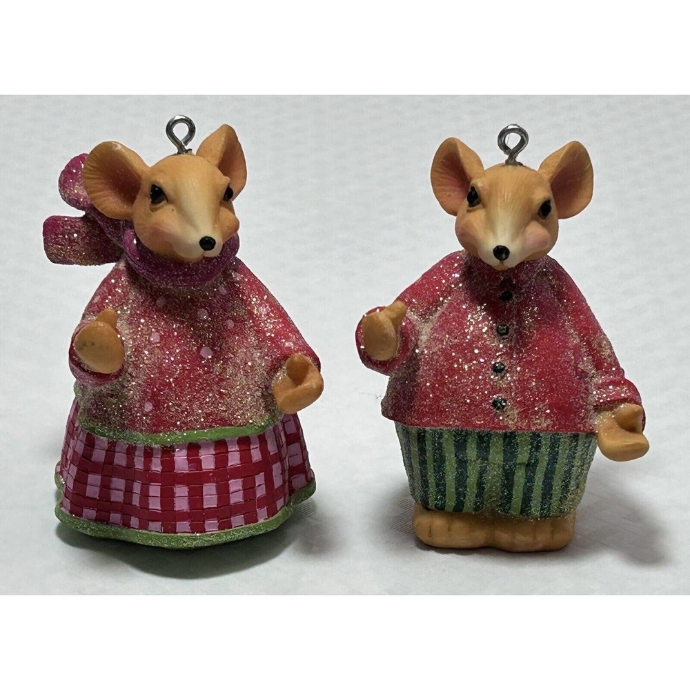 Set of 2 Beth Yarbrough Holiday Christmas‎ Mice Ornaments